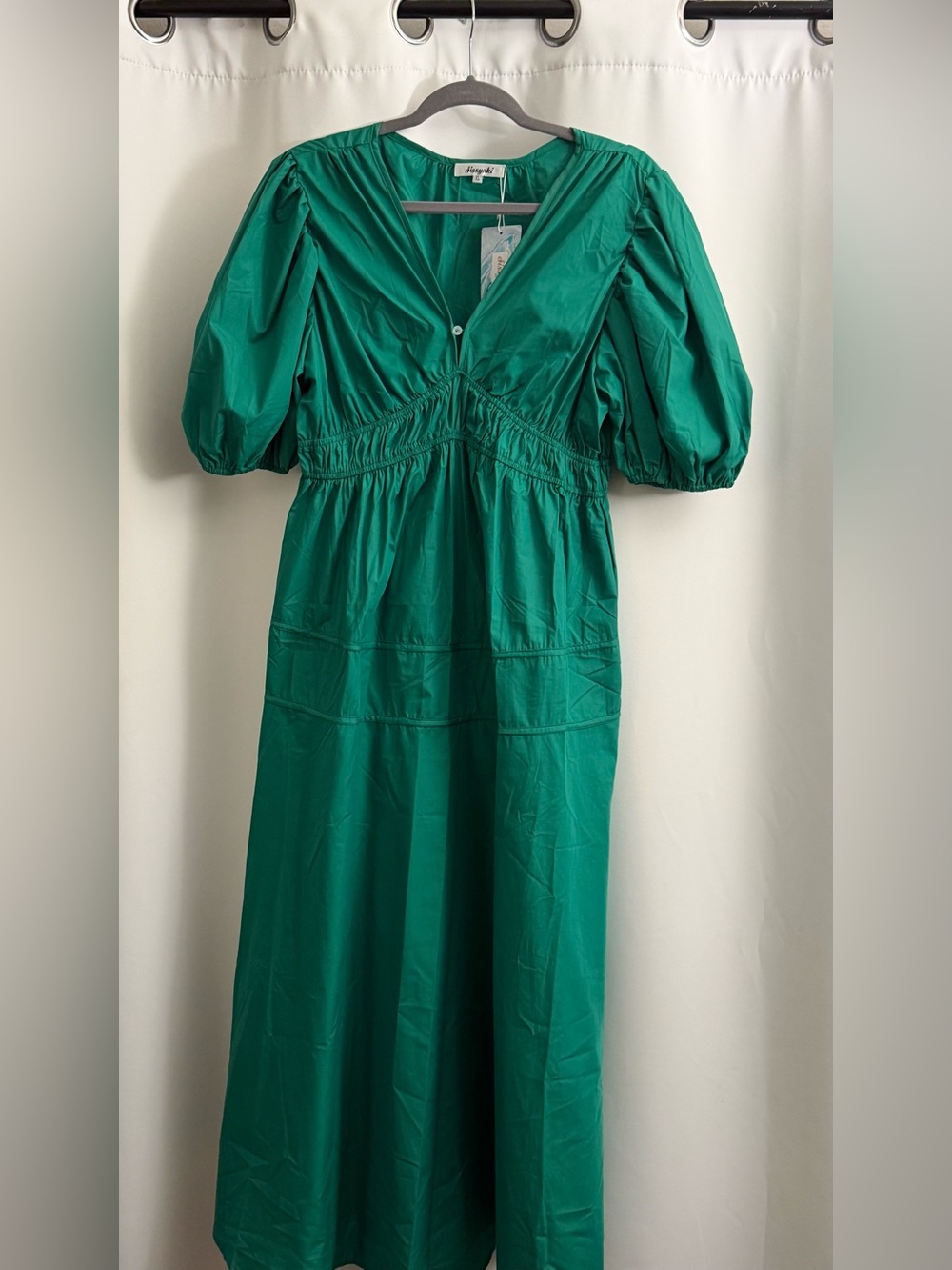 Emerald Green Midi Dress with Puff Sleeves